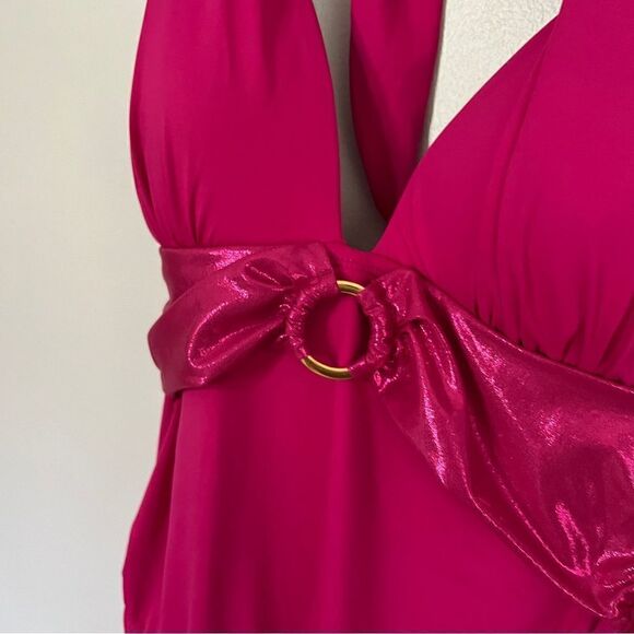 NWT New Mynah One Piece Halter Swimsuit Magenta Faux Belt Small Pink - Picture 7 of 7